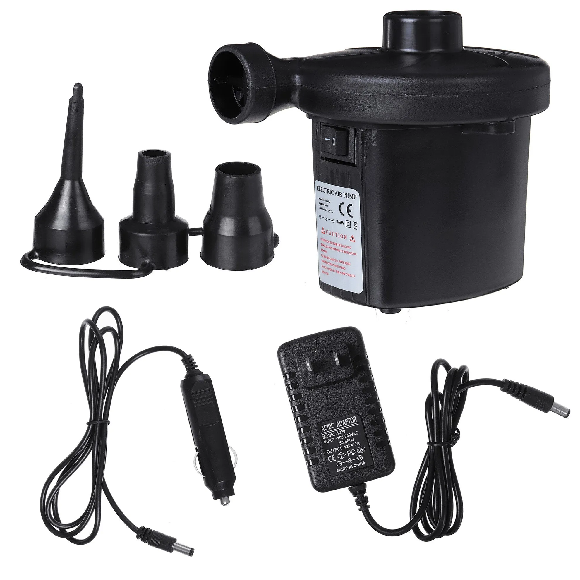12V Electric Air Pump Portable Compressor for Mattress, Pool, Boat Inflatables - Complete Set