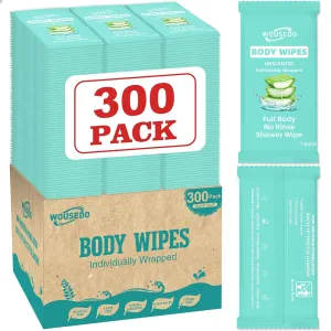 300 Pack Individually Wrapped Body Wipes (8" x 9.5"),No-Rinse Shower Wipes for Adults,Travel,Gym & Camping,Bulk Cleansing Wipes for Homeless