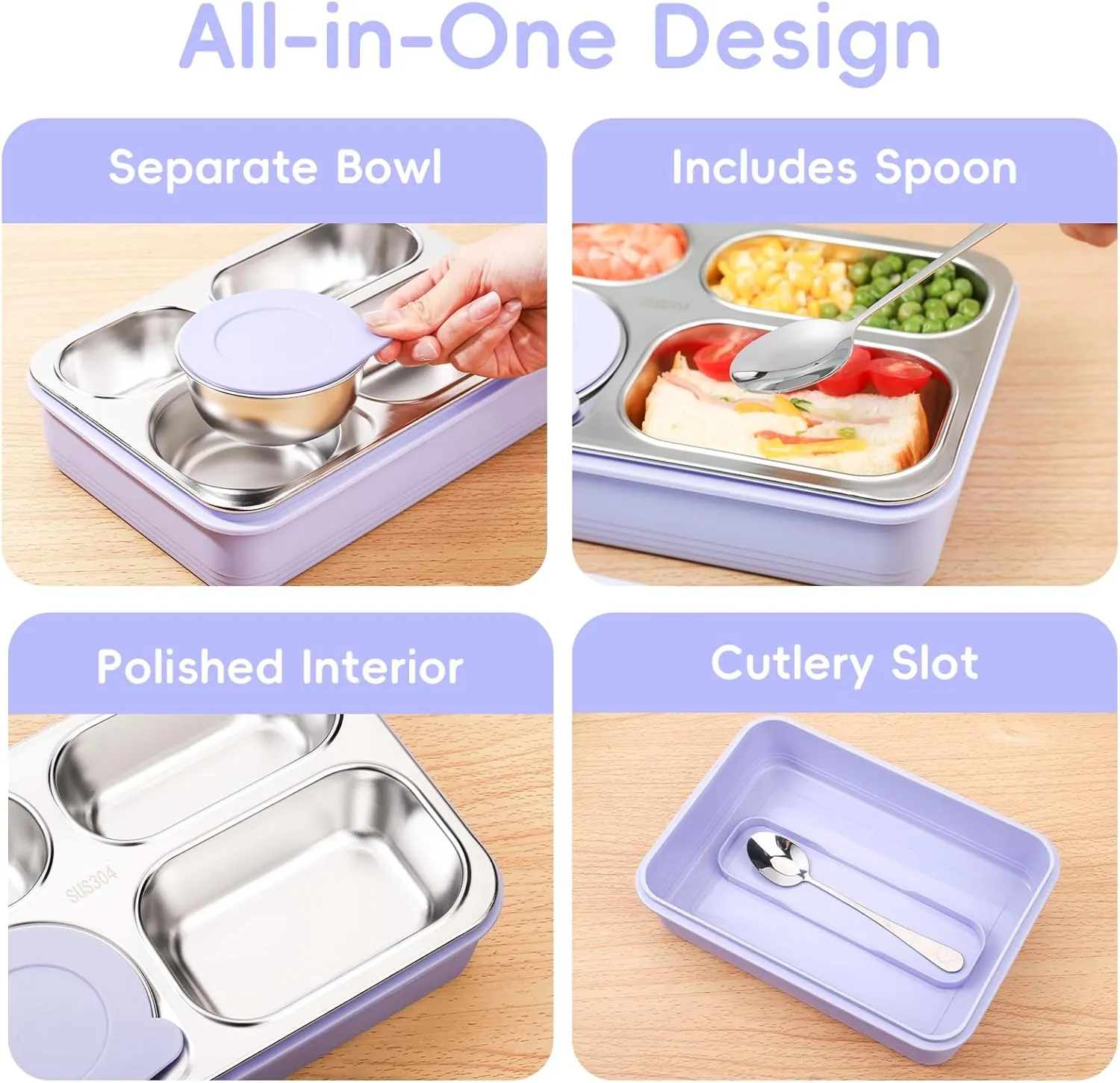 36-oz Lunch Box Containers Stainless Steel Bento Box for Adults with 4-Compartment Snack Tray, Soup Bowl with Lid & Metal Spoon, Dishwasher Safe, Easy to Carry, Purple