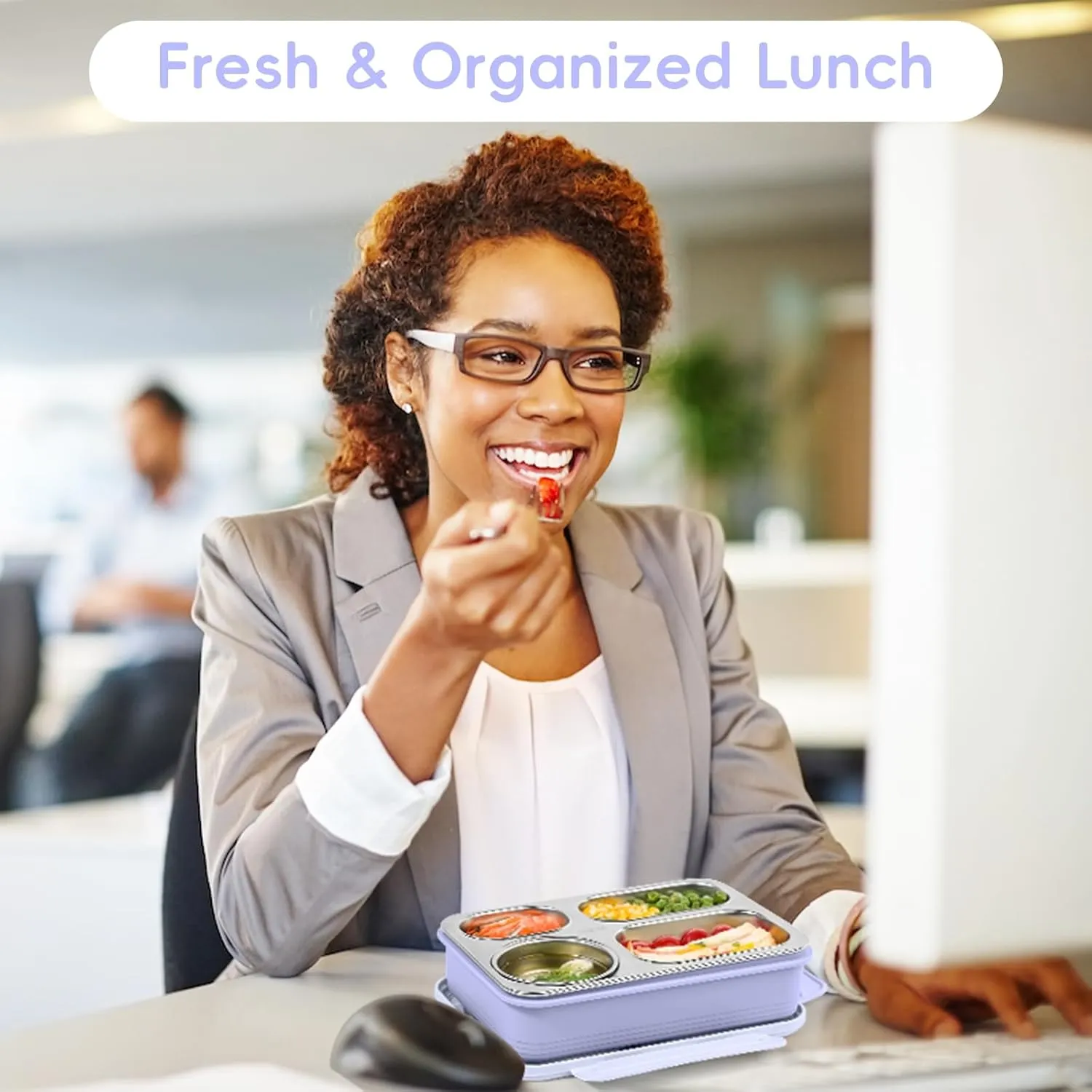 36-oz Lunch Box Containers Stainless Steel Bento Box for Adults with 4-Compartment Snack Tray, Soup Bowl with Lid & Metal Spoon, Dishwasher Safe, Easy to Carry, Purple