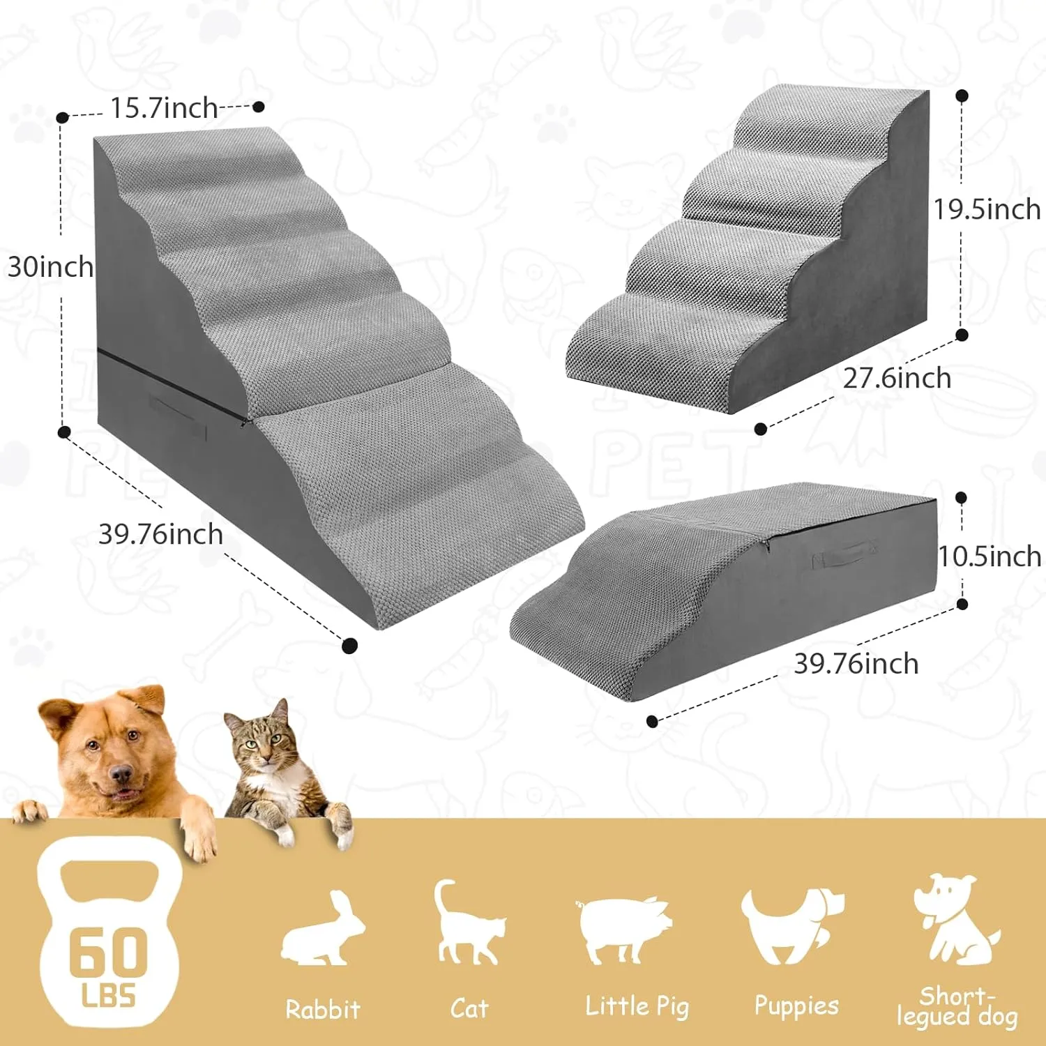 6-Step 30 Inches Dog Steps&Stairs for High Bed Up to 30-36 Inches Tall, LitaiL Dog Ramps for Small Dogs Cat Older Pets, Non-Slip Foam Pet Stairs No Assembly