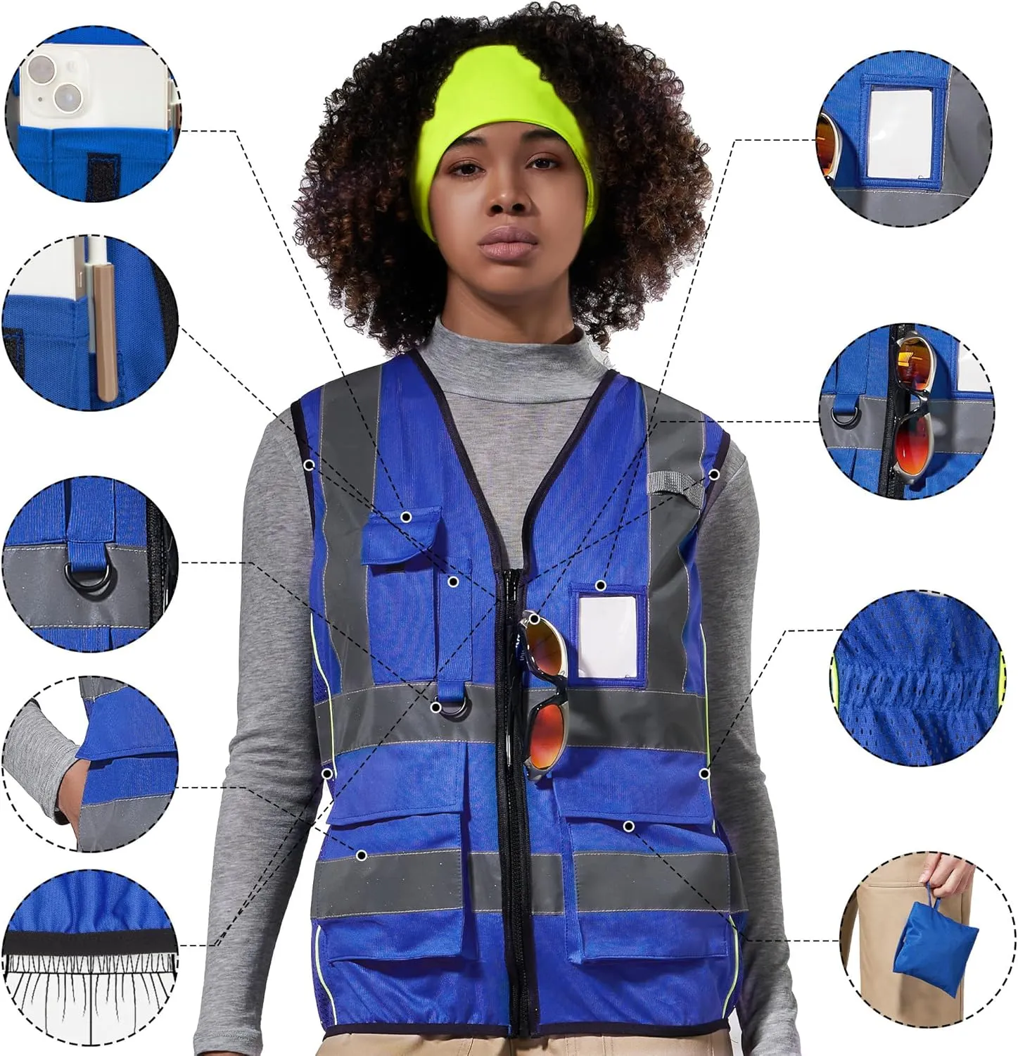 A-SAFETY High Vis Safety Vest for Women - Reflective Strips, Multi-Pockets, Zipper Closure