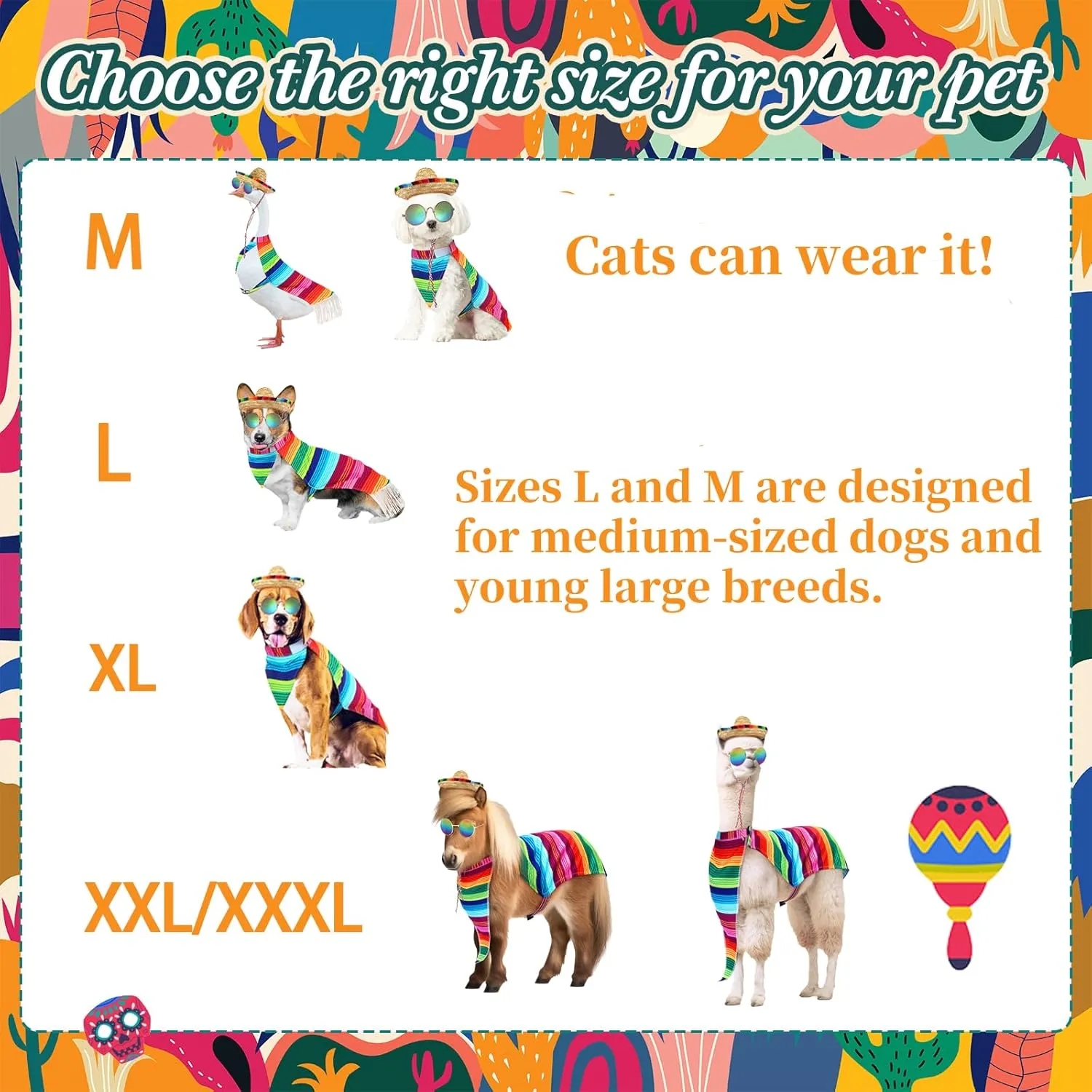 Abbylike 5 Pcs Mexican Dog Miniature Horse Alpaca Yard Goose Costume Set Include Rainbow Poncho Sombrero Hat Pet Sunglasses Maracas for Cinco De Mayo, Day of The Dead, Mexican Theme Party(Medium)