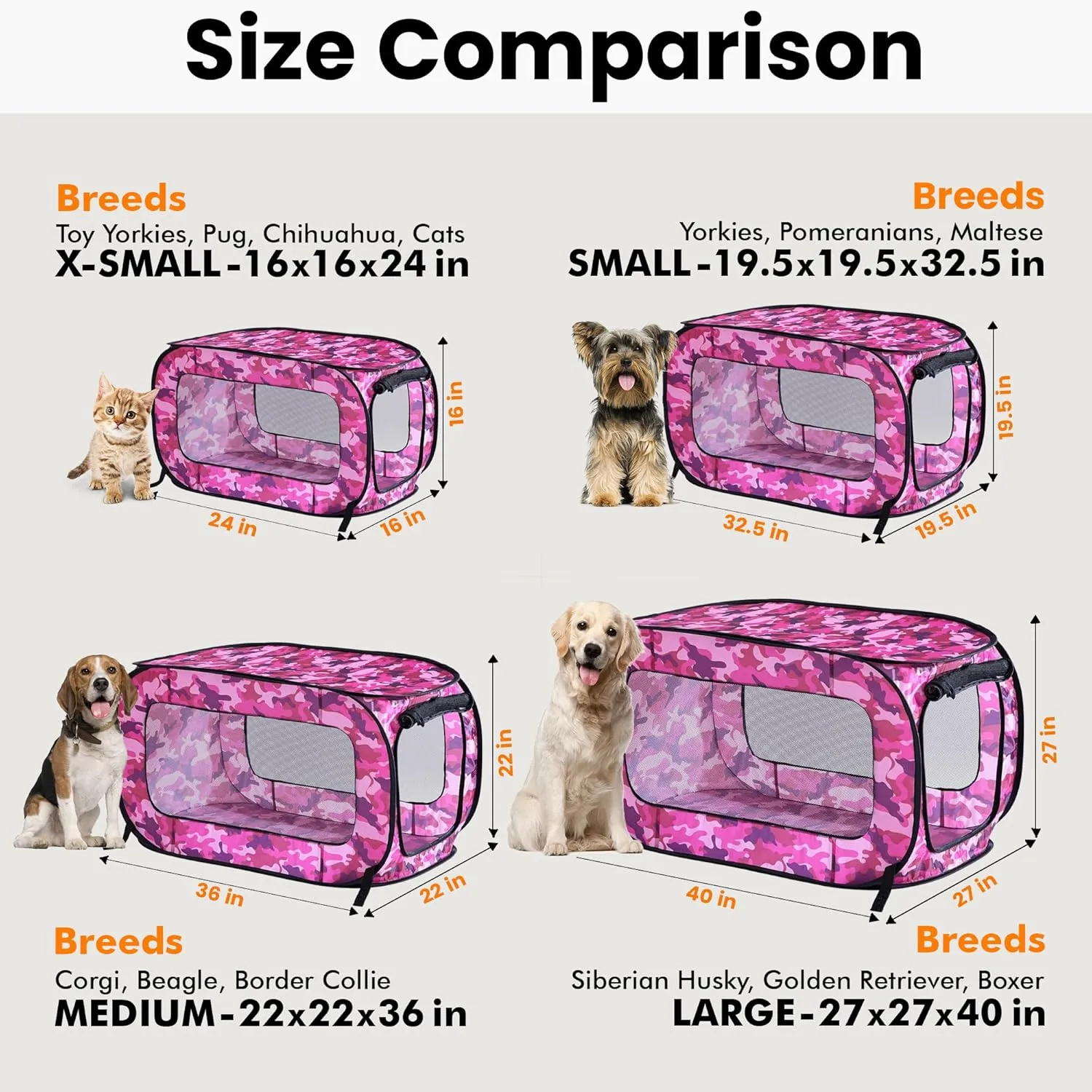 Beatrice Home Fashions Portable, Collapsible, Pop Up Kennel Travel Cat and Dog Crate, 36" L x 22" W x 22" H, Camo Pink