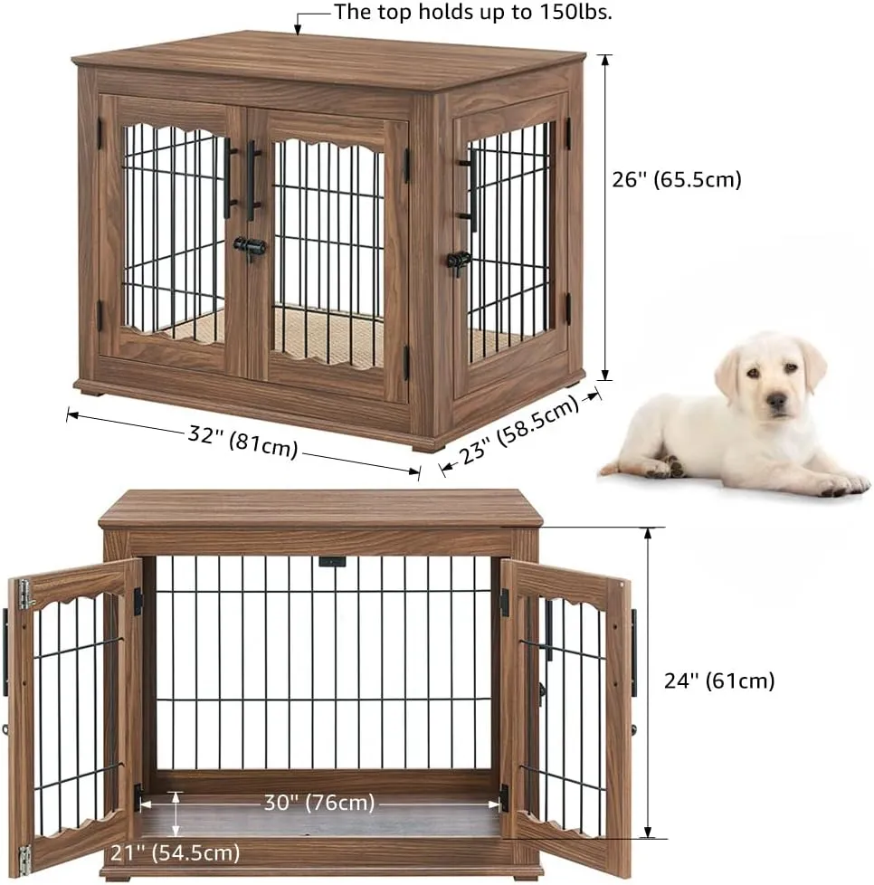 beeNbkks Furniture Style Dog Crate End Table, Double Doors Wooden Wire Dog Kennel with Pet Bed, Decorative Pet Crate Dog House Indoor Medium Large