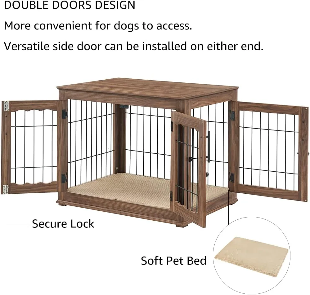 beeNbkks Furniture Style Dog Crate End Table, Double Doors Wooden Wire Dog Kennel with Pet Bed, Decorative Pet Crate Dog House Indoor Medium Large
