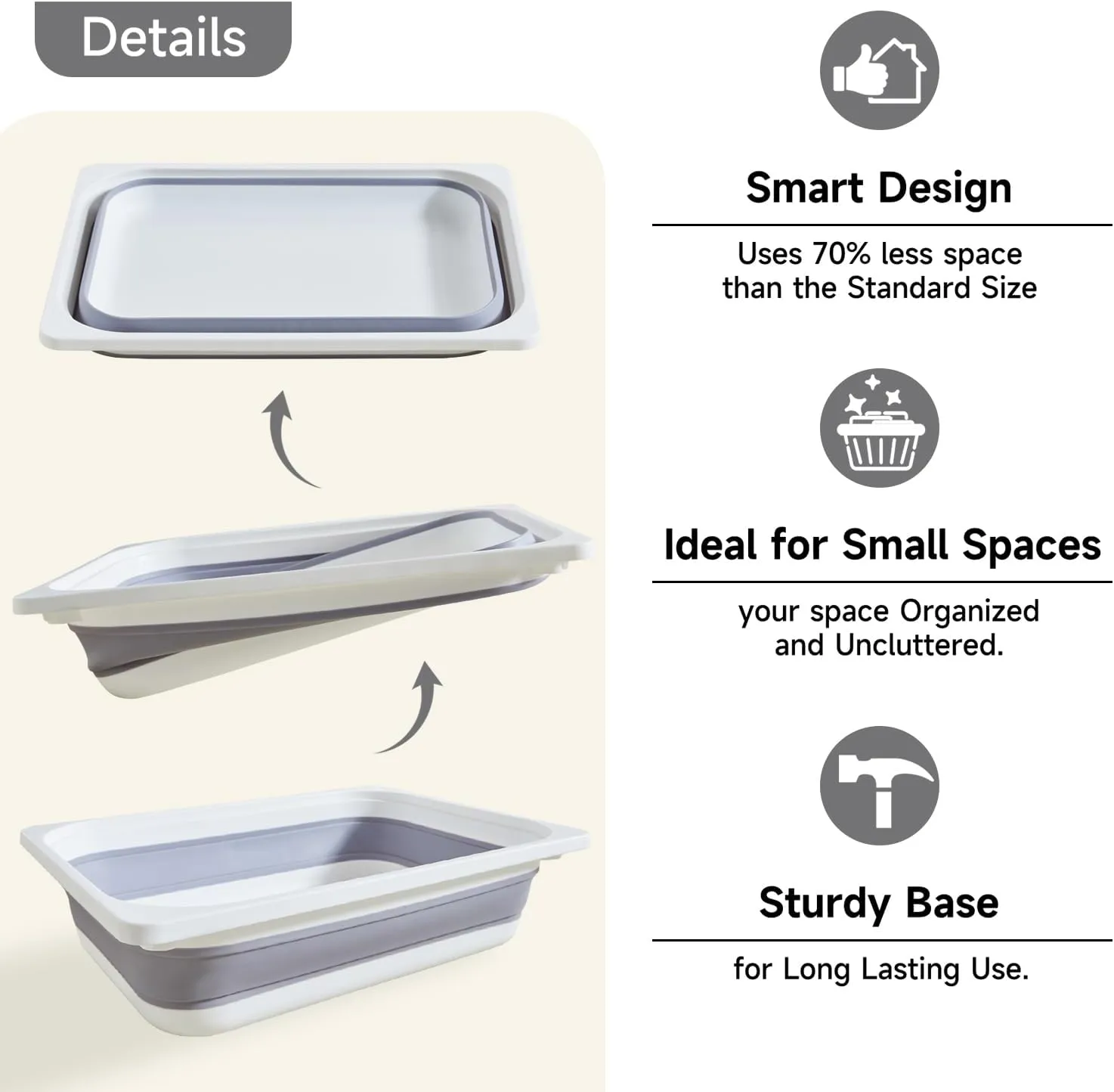 Beright Collapsible Storage Bin, Wash Basin Folding Dish Tub Sink, Space Saving for Dishing, Fruit and Camping, Hiking and Home, Grey, Large, 1 Pack
