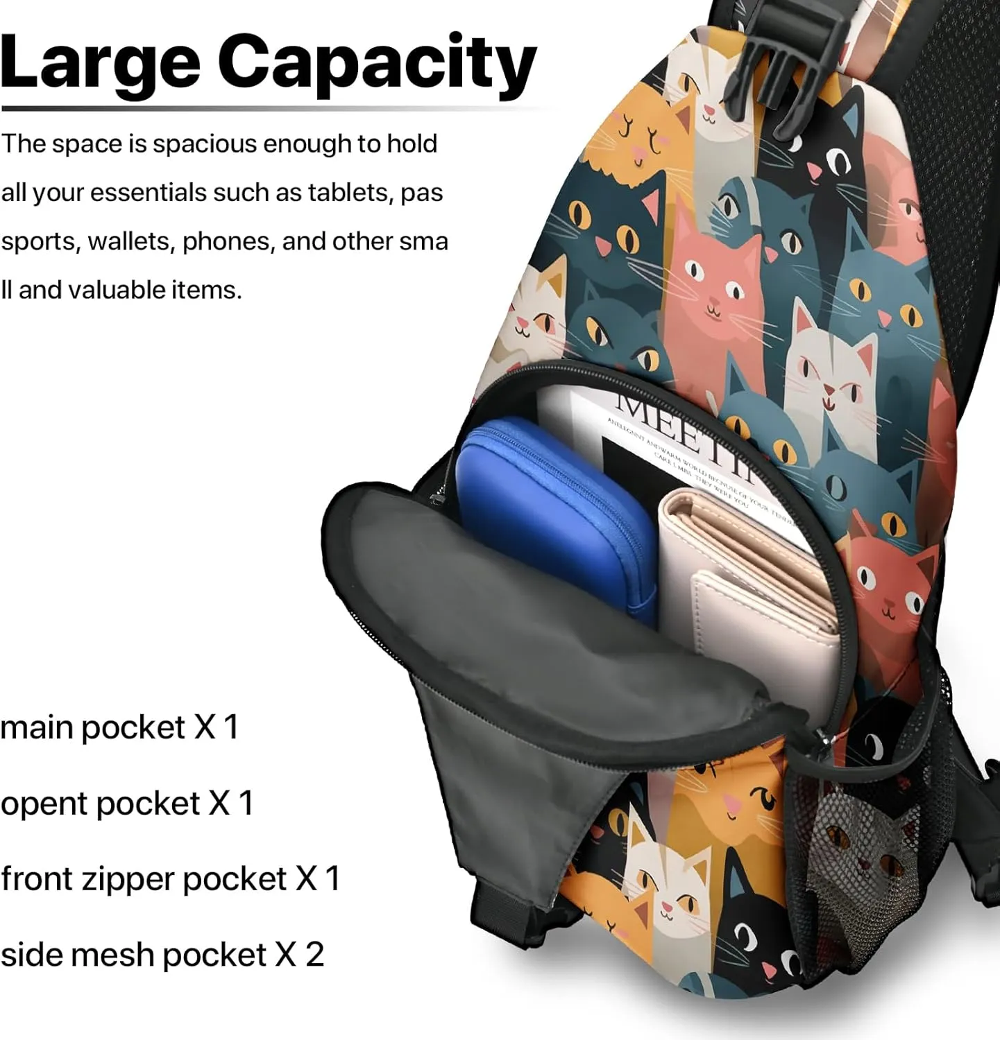 Cat Sling Bag travel Crossbody Backpack Casual Daypack for Women with Strap Lightweight Outdoor Hiking Climbing Runners