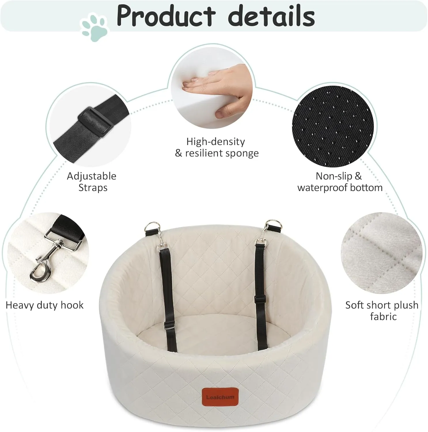 Dog Car Seat for Small Dogs,Comfy Pet Travel Car Bed with 2 Clip-On Leashes,Fully Removable & Washable,Non-Slip Base with Seatbelt Channle,Easy to Install (Beige, Small)