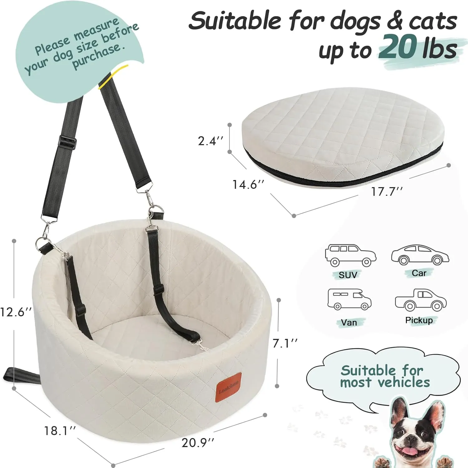Dog Car Seat for Small Dogs,Comfy Pet Travel Car Bed with 2 Clip-On Leashes,Fully Removable & Washable,Non-Slip Base with Seatbelt Channle,Easy to Install (Beige, Small)