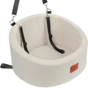 Dog Car Seat for Small Dogs,Comfy Pet Travel Car Bed with 2 Clip-On Leashes,Fully Removable & Washable,Non-Slip Base with Seatbelt Channle,Easy to Install (Beige, Small)