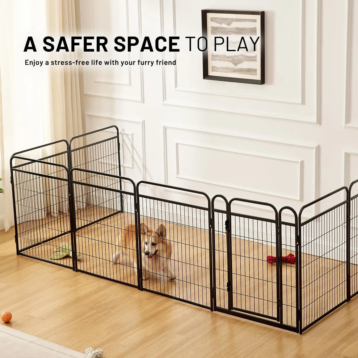 Dog Play Pen Indoors - 8 Panels 32" Playpens Indoor Safety Design Without Stakes, Threshold Free Door Ease to Access, Portable Fence Ground Anchors for Outdoor, Yard and RV Camping