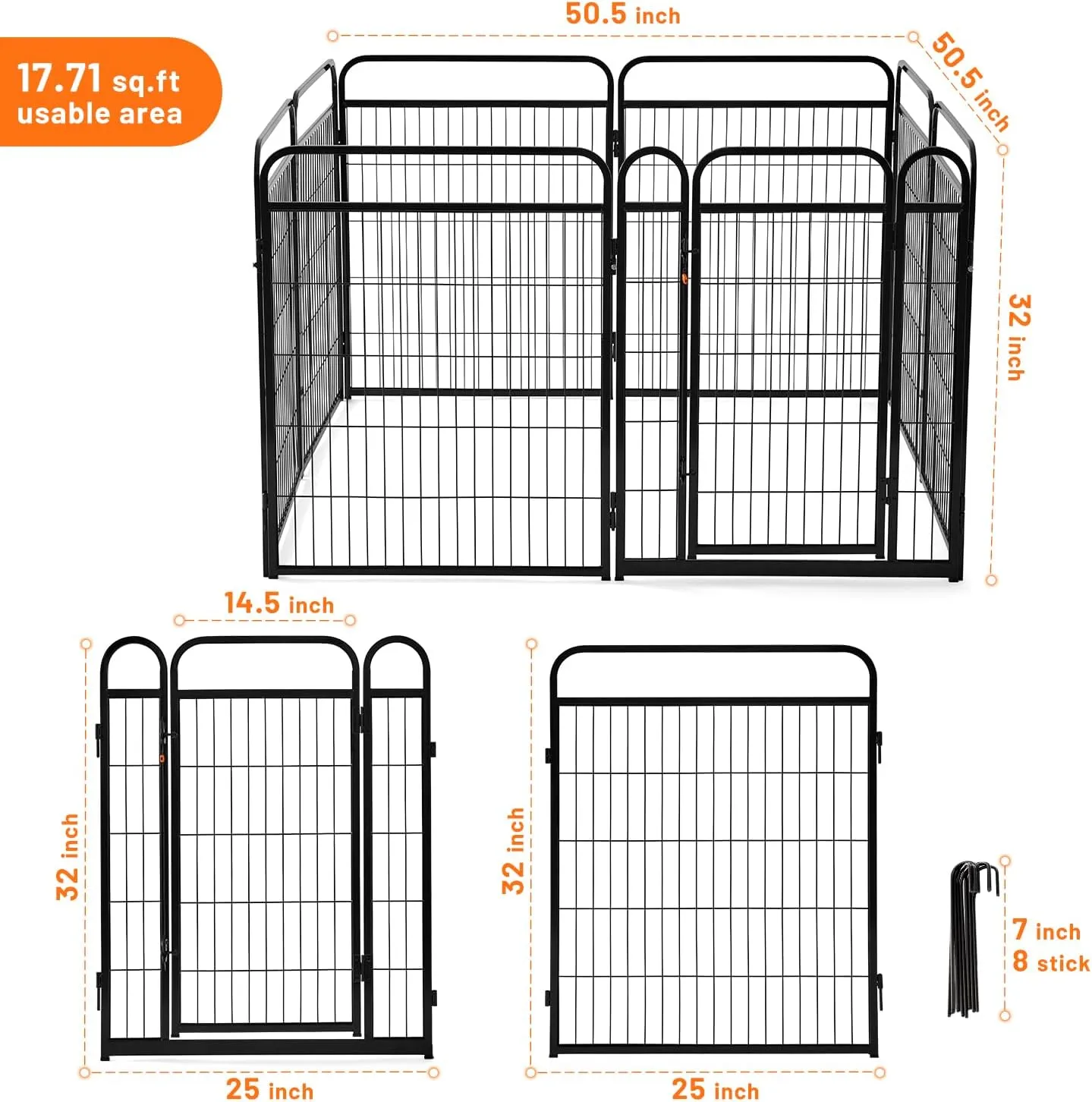 Dog Play Pen Indoors - 8 Panels 32" Playpens Indoor Safety Design Without Stakes, Threshold Free Door Ease to Access, Portable Fence Ground Anchors for Outdoor, Yard and RV Camping