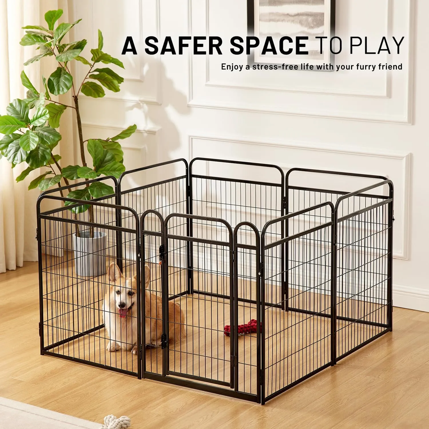 Dog Play Pen Indoors - 8 Panels 32" Playpens Indoor Safety Design Without Stakes, Threshold Free Door Ease to Access, Portable Fence Ground Anchors for Outdoor, Yard and RV Camping