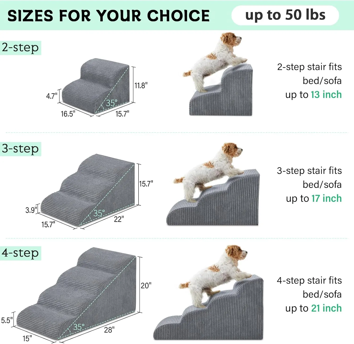 Dog Stairs & Steps for High Beds, 3 Steps High Density Foam Waterproof Dog Ramp for Small Dogs and Cats, Pet Stairs with Removable Washable Cover for Bed, Couch, Sofa and Car (H:16")