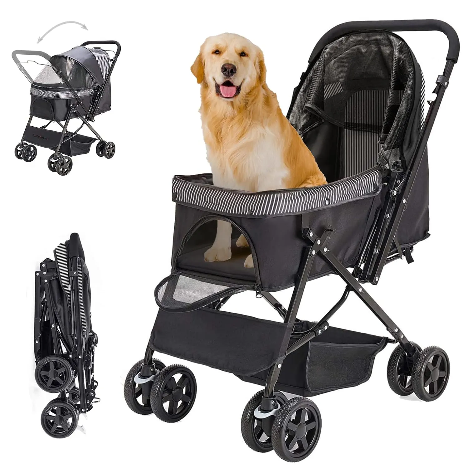 Dog Stroller for Large Medium Dogs & Cats with Reversible Handle, Foldable Pet Stroller Travel Carriage with Large Storage Basket, Black