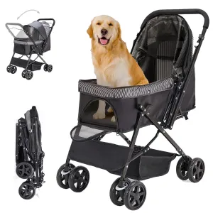 Dog Stroller for Large Medium Dogs & Cats with Reversible Handle, Foldable Pet Stroller Travel Carriage with Large Storage Basket, Black