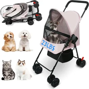 Dog Stroller for Small Dogs and Cats  Lightweight Foldable Pet Stroller with 4-Wheel Suspension, Portable Design for Travel, Indoor & Outdoor Use, Holds Pets up to 23 lbs