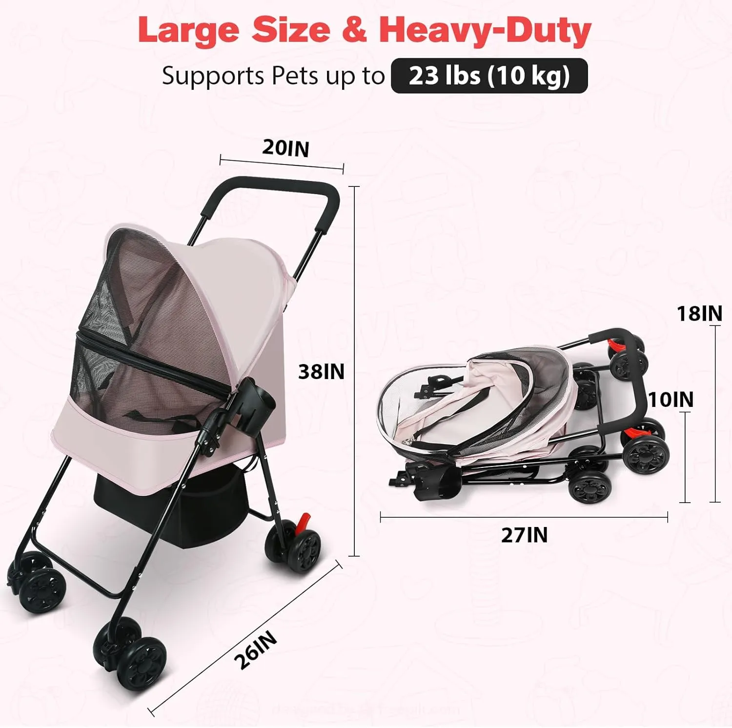 Dog Stroller for Small Dogs and Cats  Lightweight Foldable Pet Stroller with 4-Wheel Suspension, Portable Design for Travel, Indoor & Outdoor Use, Holds Pets up to 23 lbs