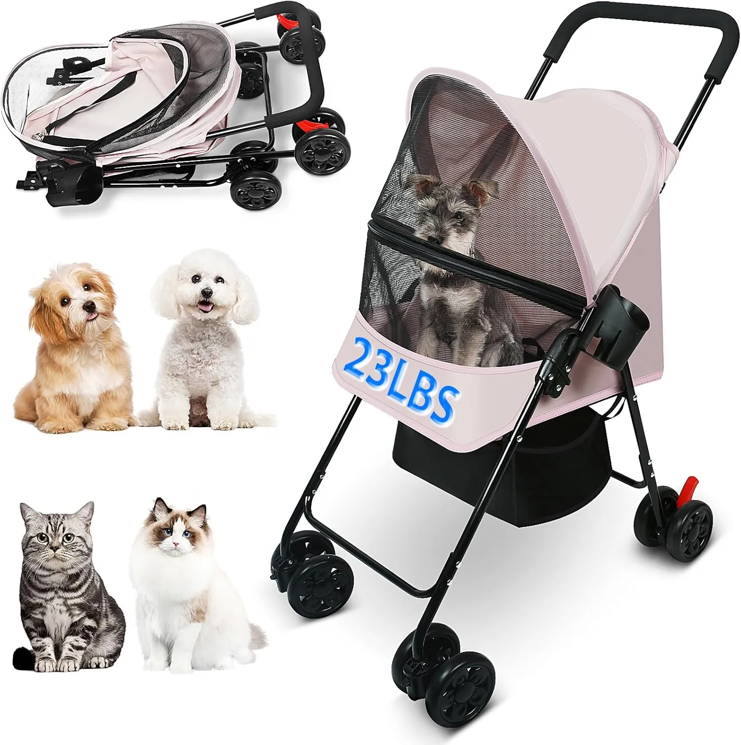 Dog Stroller for Small Dogs and Cats  Lightweight Foldable Pet Stroller with 4-Wheel Suspension, Portable Design for Travel, Indoor & Outdoor Use, Holds Pets up to 23 lbs