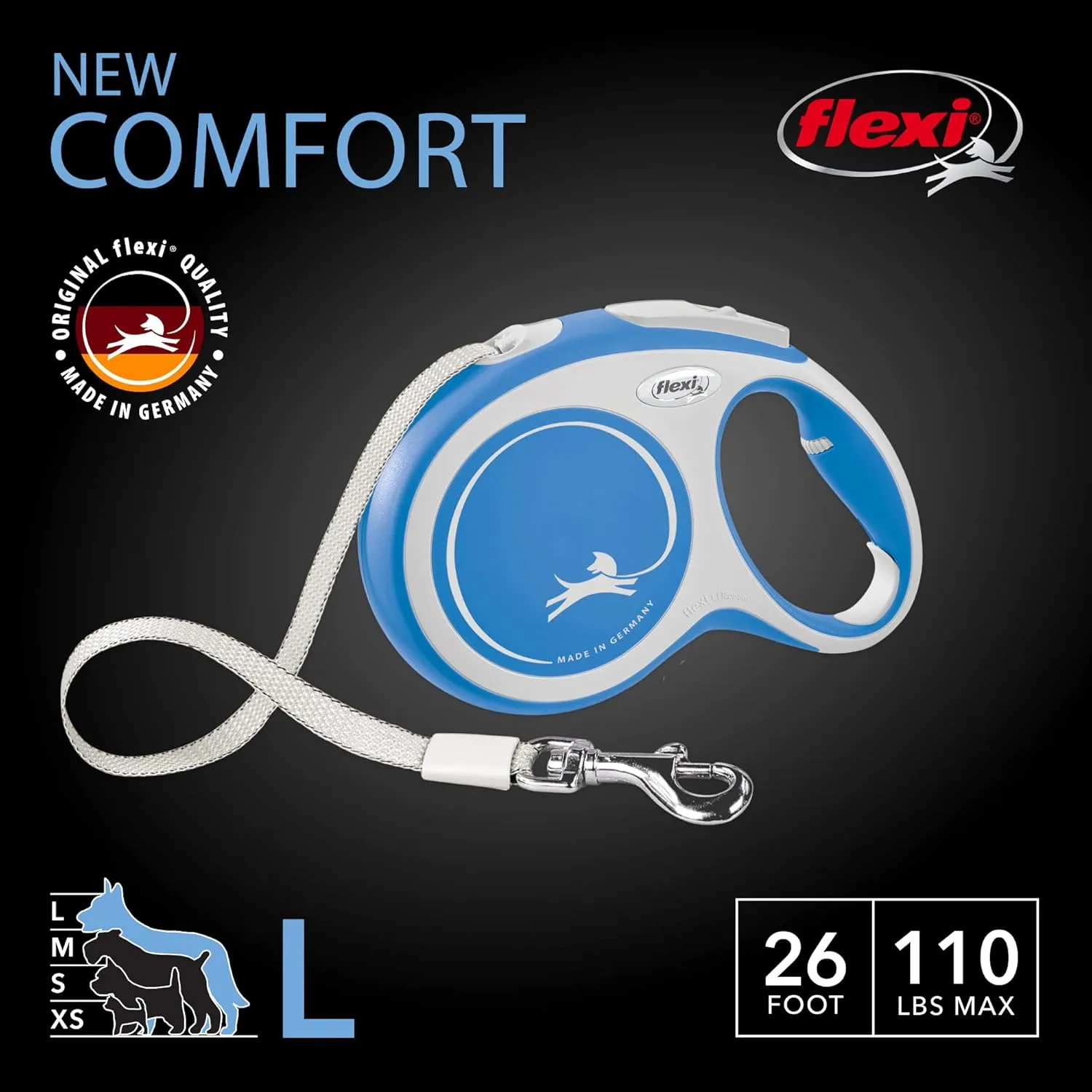 FLEXI New Comfort Retractable Dog Leash (Tape), for Dogs Up to 110 lbs, 26 ft, Large, Blue/Pastel|German Quality Product