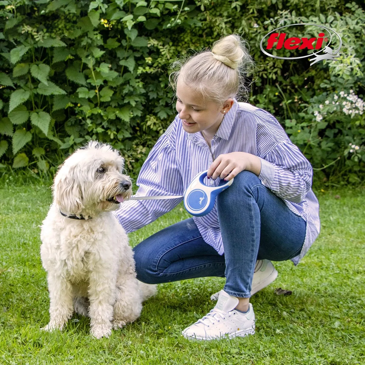 FLEXI New Comfort Retractable Dog Leash (Tape), for Dogs Up to 110 lbs, 26 ft, Large, Blue/Pastel|German Quality Product