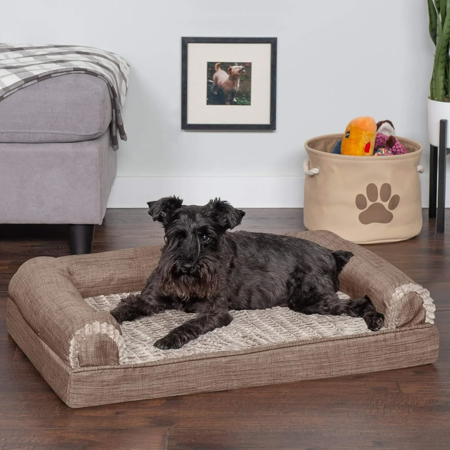 Furhaven Cooling Gel Dog Bed for Medium/Small Dogs w/ Removable Bolsters & Washable Cover, For Dogs Up to 35 lbs - Luxe Faux Fur & Performance Linen Sofa - Woodsmoke, Medium
