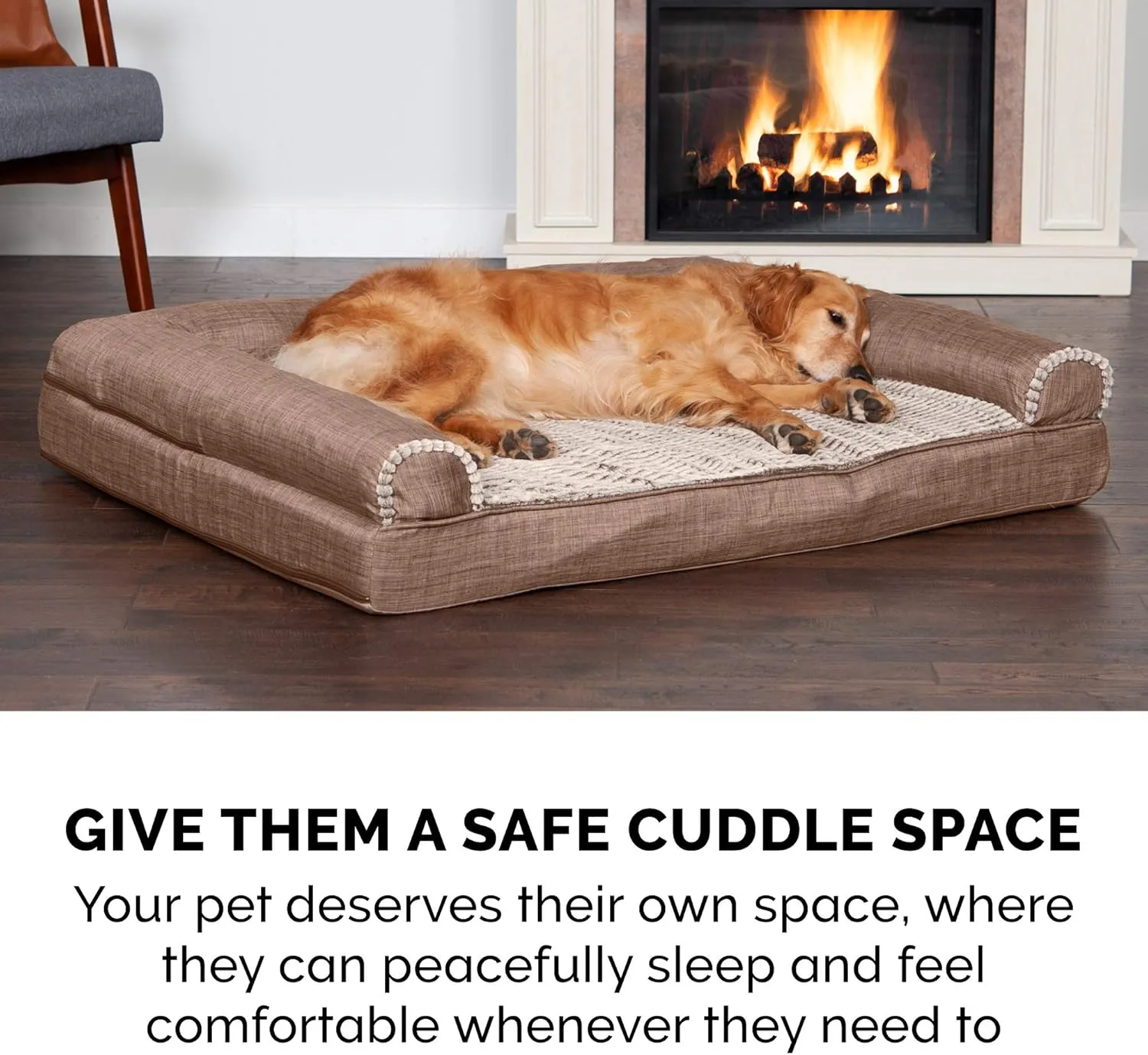 Furhaven Cooling Gel Dog Bed for Medium/Small Dogs w/ Removable Bolsters & Washable Cover, For Dogs Up to 35 lbs - Luxe Faux Fur & Performance Linen Sofa - Woodsmoke, Medium