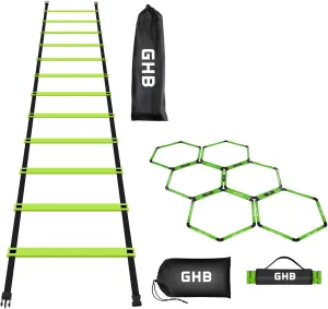 GHB Agility Ladder 1 Pack and Hex Agility Rings 1 Pack 12 Rung 20ft with 3 Carrying Bag