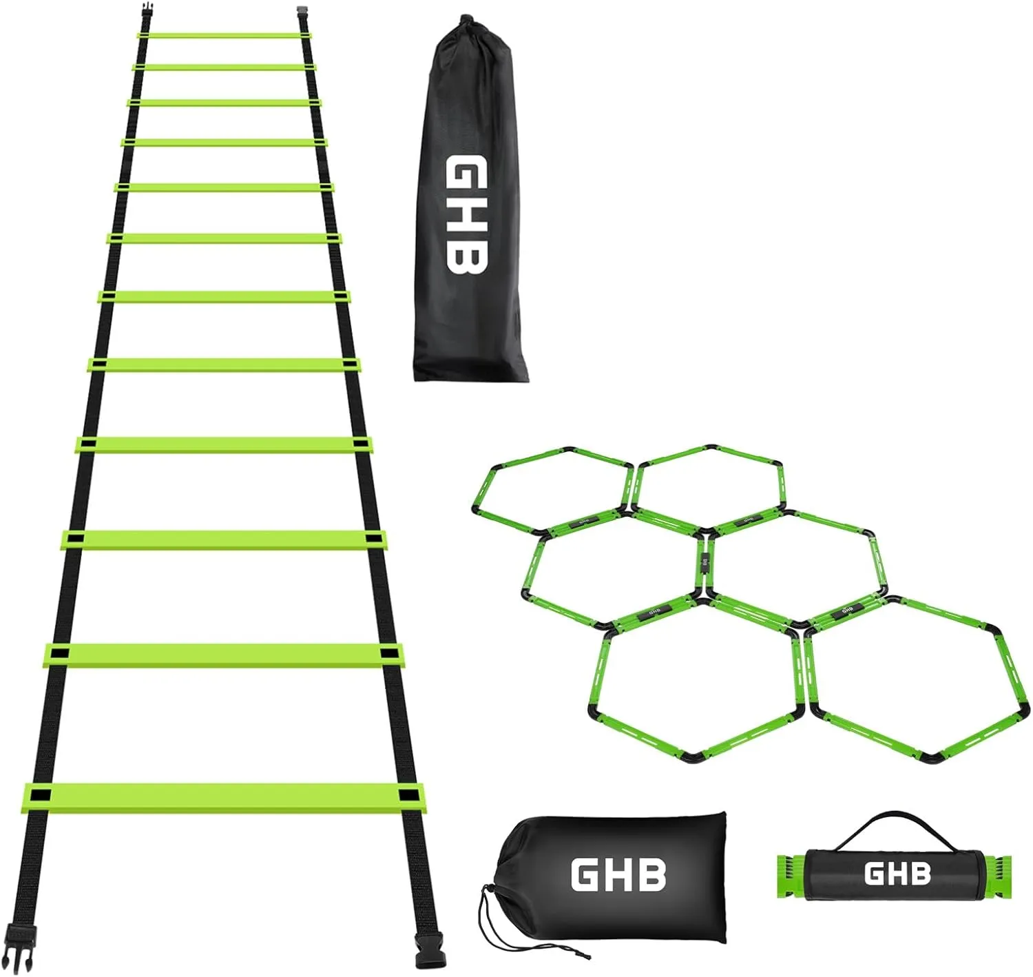 GHB Agility Ladder 1 Pack and Hex Agility Rings 1 Pack 12 Rung 20ft with 3 Carrying Bag
