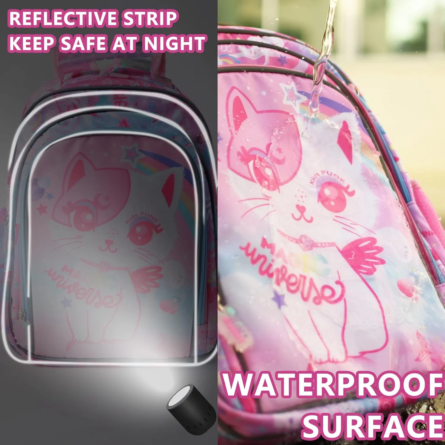 Girls Backpack 16 Inch Kids Backpacks for Girls Cute Cat Backpack for Girls Kawaii Light Pink Backpack for Preschool Kindergarten Elementary Large Capacity