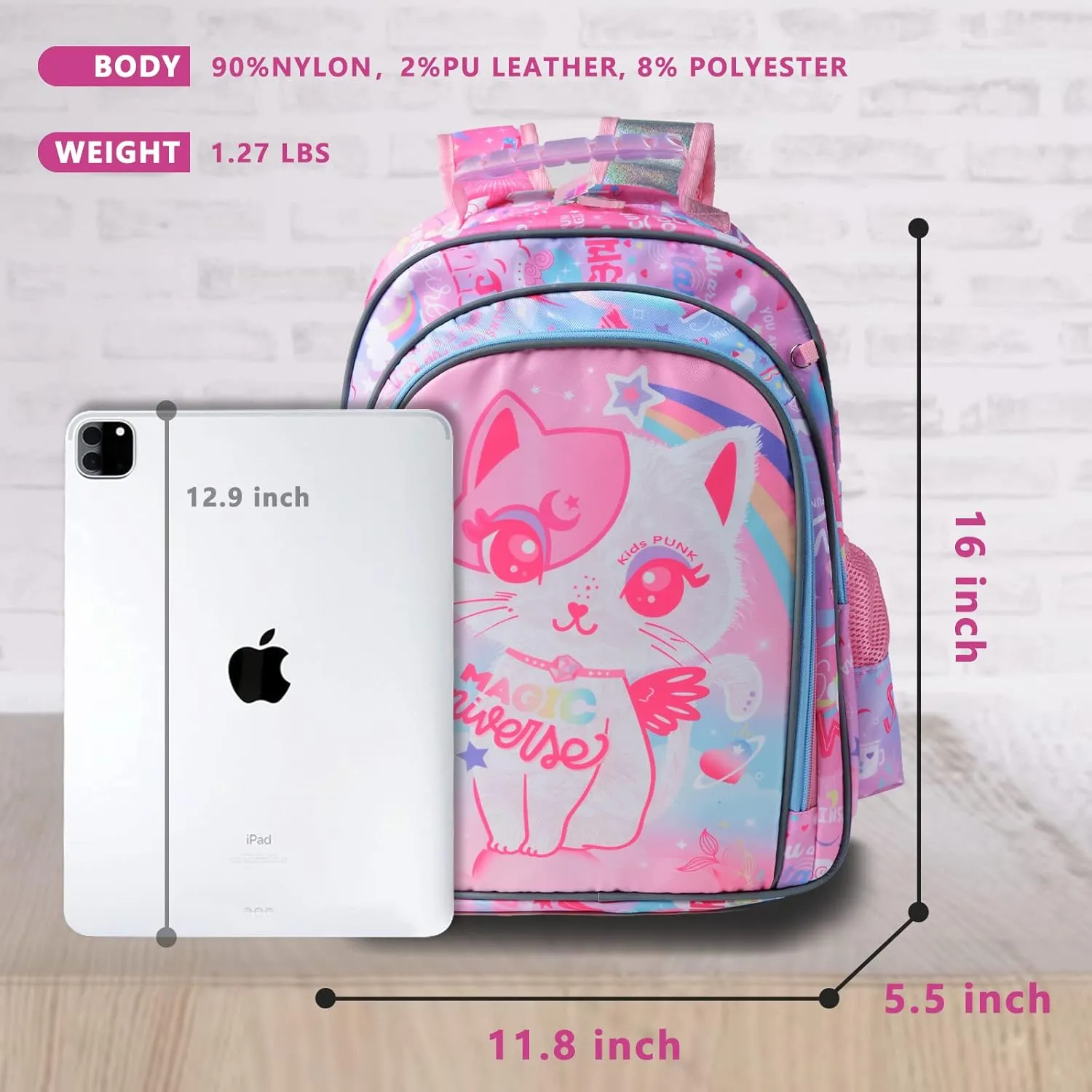 Girls Backpack 16 Inch Kids Backpacks for Girls Cute Cat Backpack for Girls Kawaii Light Pink Backpack for Preschool Kindergarten Elementary Large Capacity