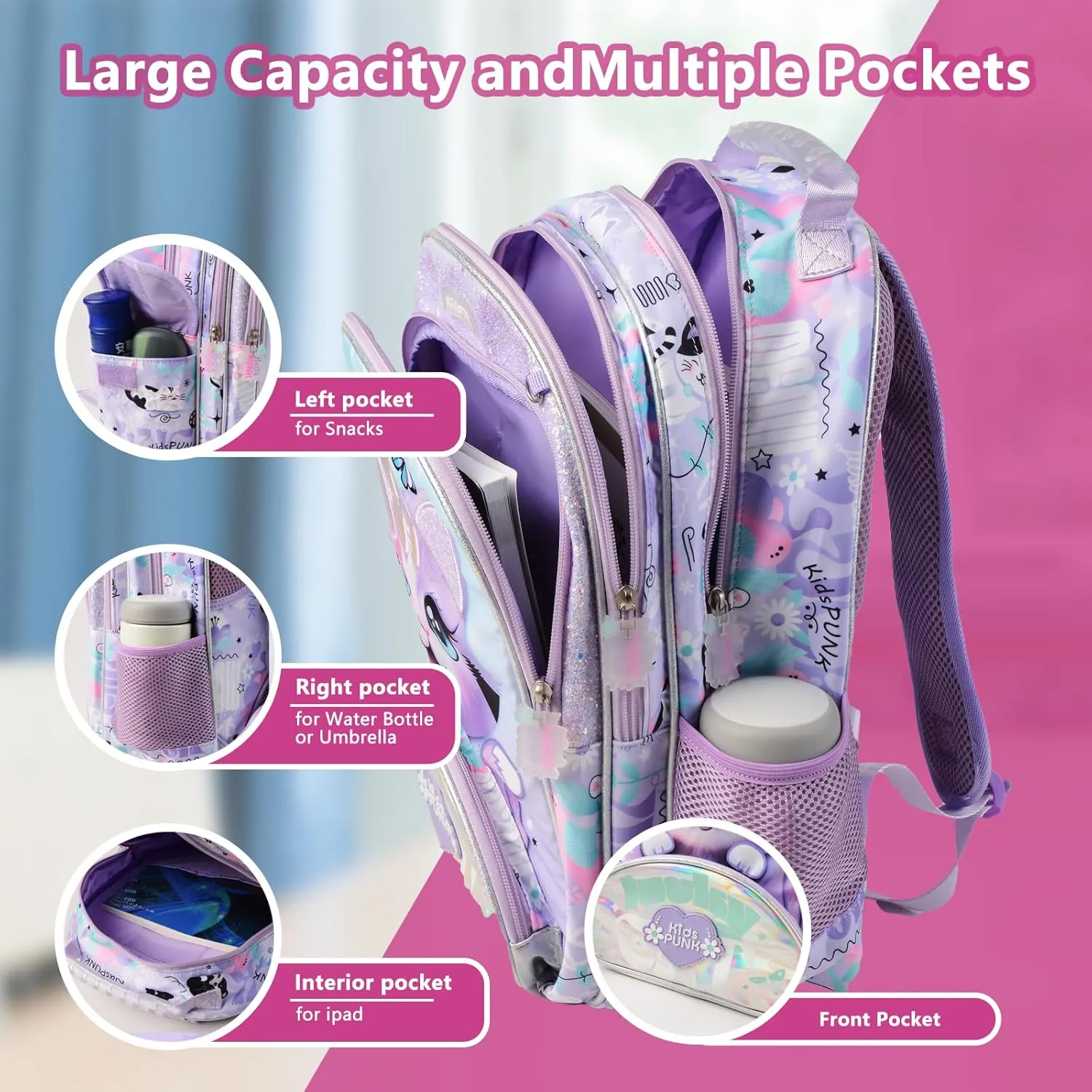 Girls Backpack Cute Cat Backpack for Girls Kids Kawaii for Preschool ElementaryKindergarten,Light Purple Color.Large Capacity.16 Inch