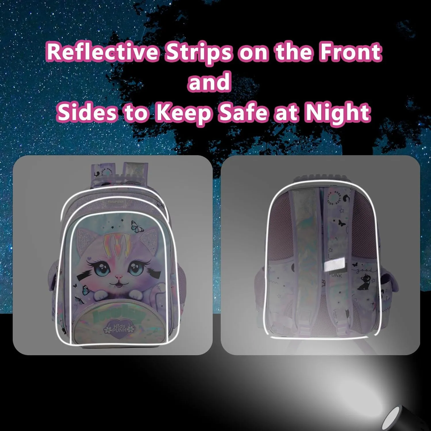 Girls Backpack Cute Cat Backpack for Girls Kids Kawaii for Preschool ElementaryKindergarten,Light Purple Color.Large Capacity.16 Inch