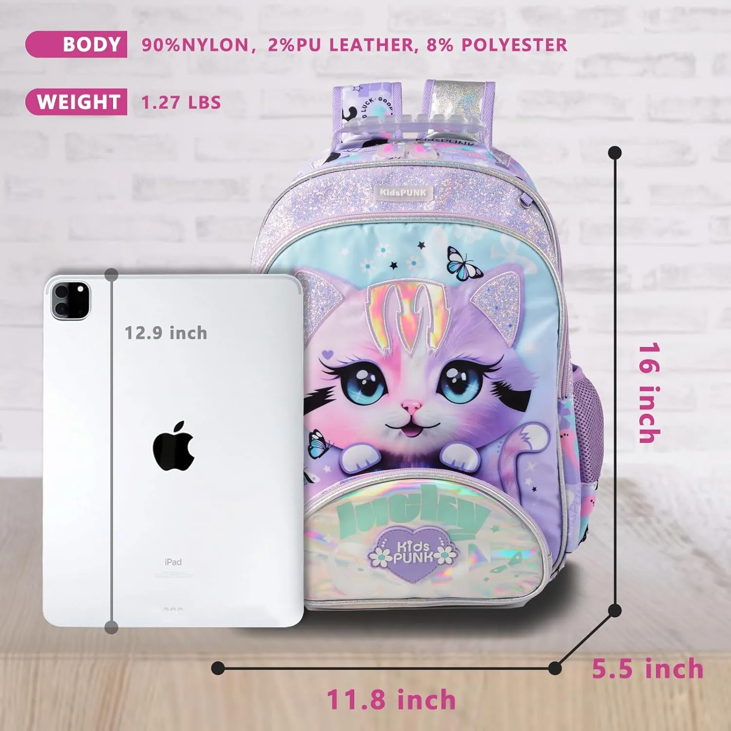 Girls Backpack Cute Cat Backpack for Girls Kids Kawaii for Preschool ElementaryKindergarten,Light Purple Color.Large Capacity.16 Inch