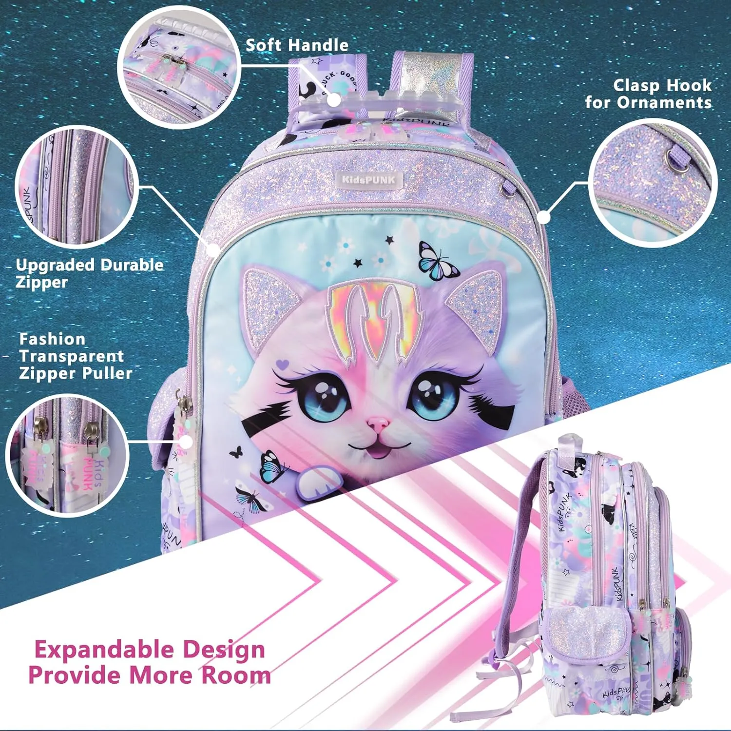 Girls Backpack Cute Cat Backpack for Girls Kids Kawaii for Preschool ElementaryKindergarten,Light Purple Color.Large Capacity.16 Inch
