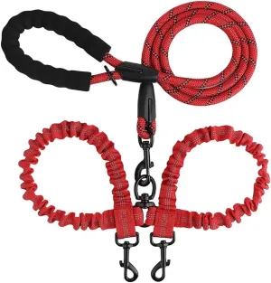 Heavy Duty Adjustable Dual No Tangle, Bungee Retractable Split Multiple Leash for Walking 2 Dogs Red