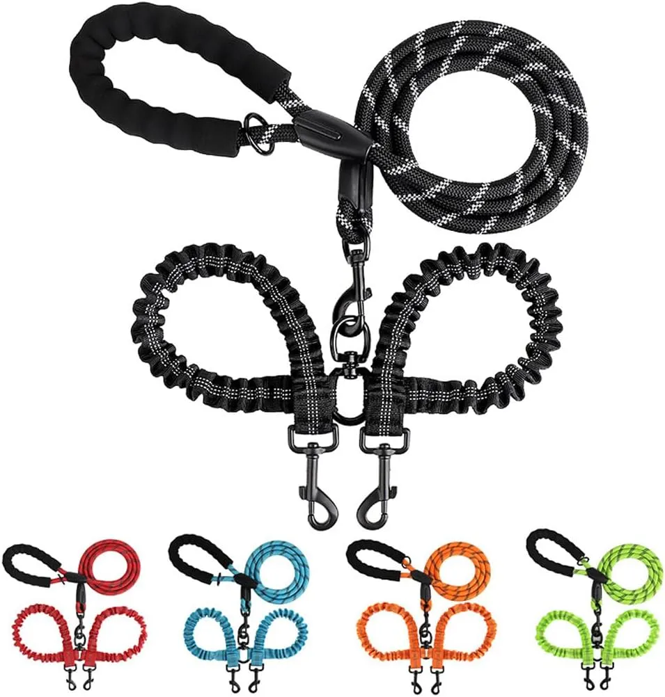 Heavy Duty Adjustable Dual No Tangle, Bungee Retractable Split Multiple Leash for Walking 2 Dogs Red
