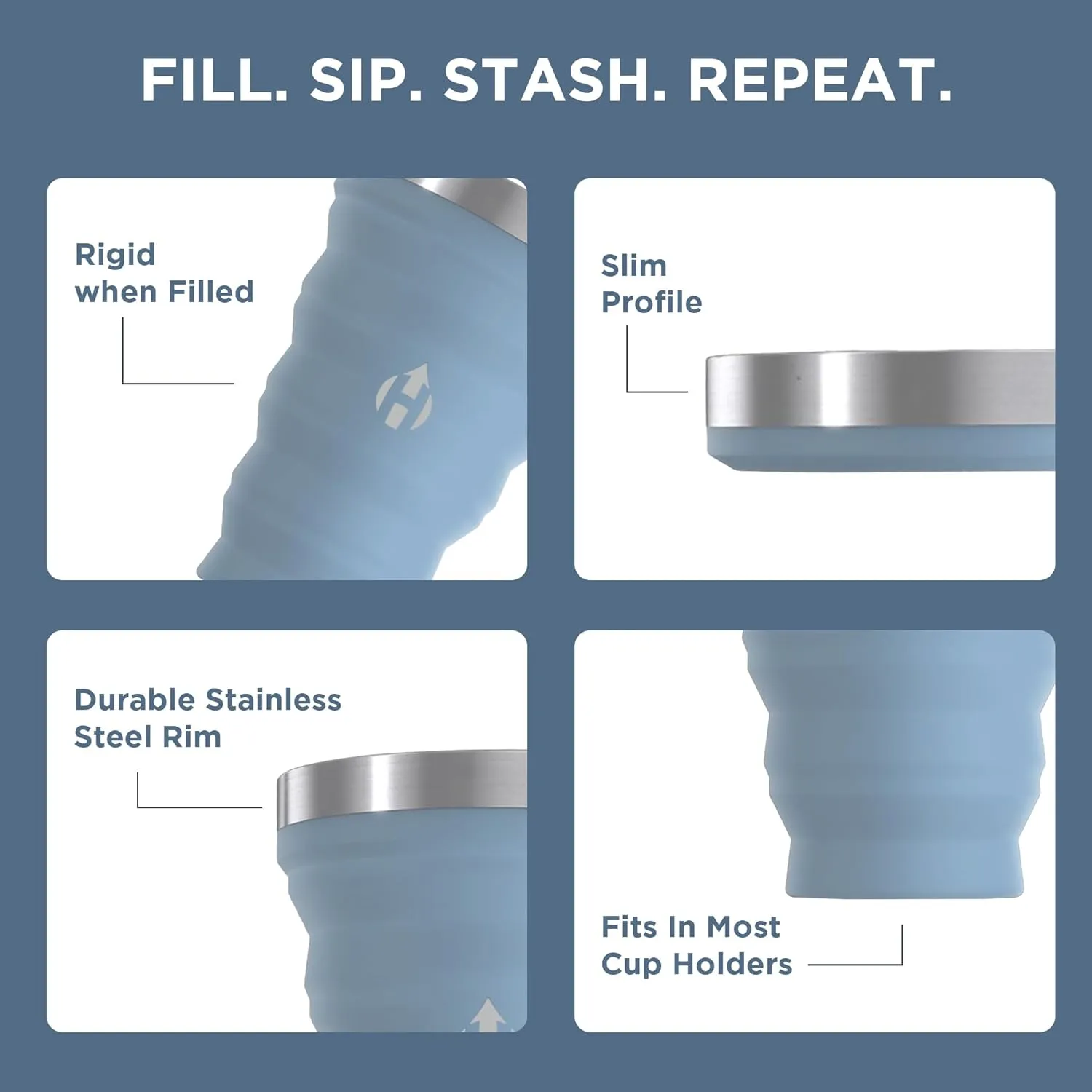 HYDAWAY 16oz Collapsible Pint - BPA-Free Silicone Cup with Stainless Steel Rim - Reusable, Packable, and Durable for Camping, Travel & Everyday Use