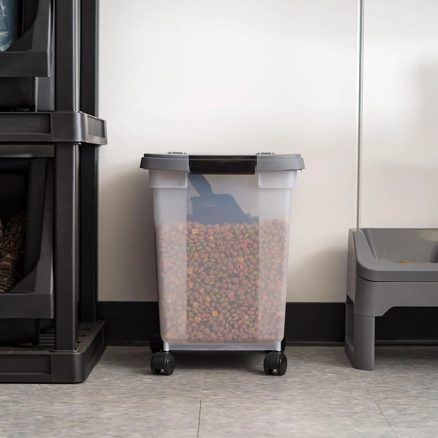 IRIS USA Airtight Dog Food Storage Container 25 lbs, Removable Wheels, for Dog Cat Bird and Other Pets, Food Storage Bin, Keep Fresh, Made in USA, Clear/Dark Gray