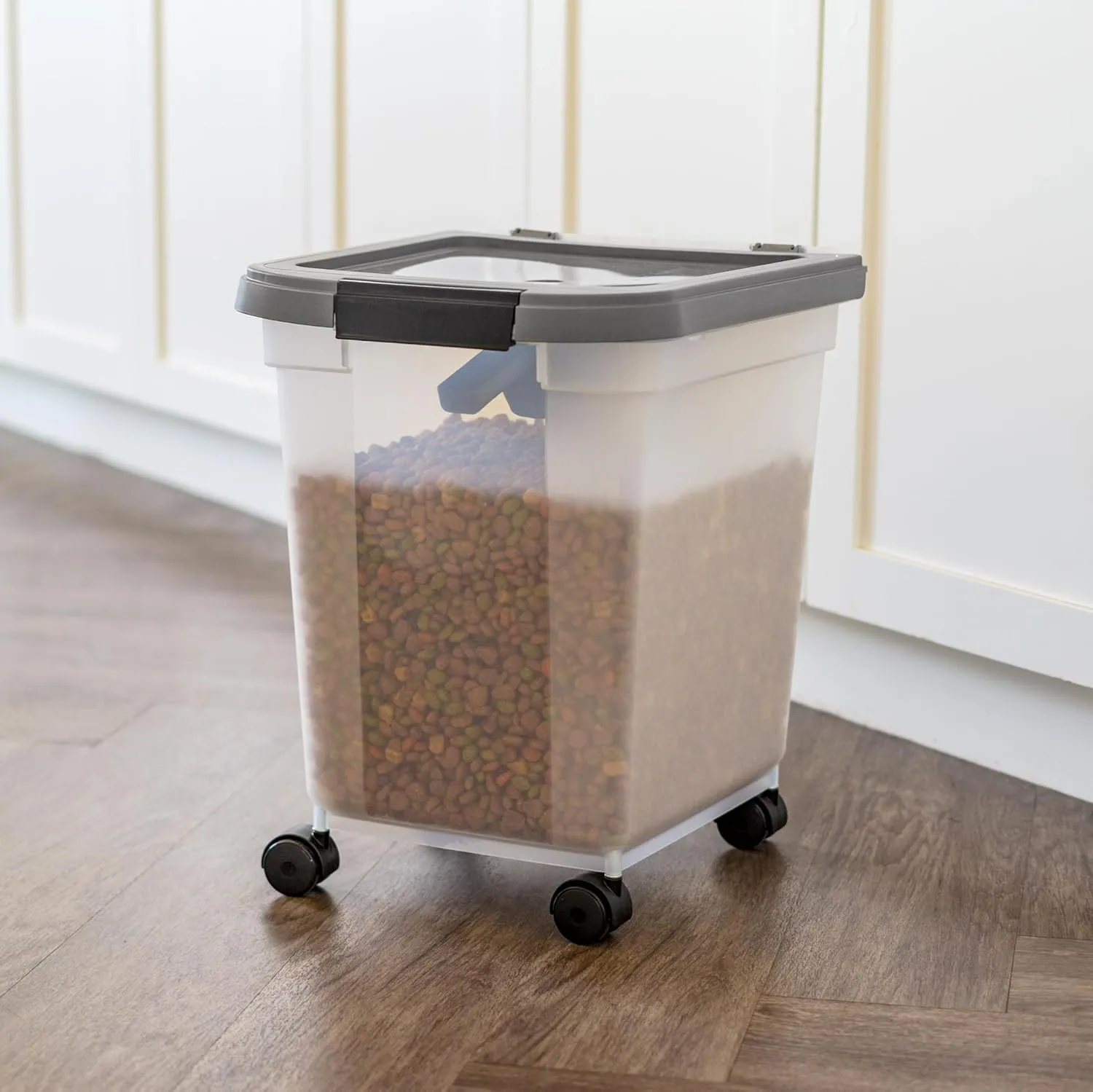 IRIS USA Airtight Dog Food Storage Container 25 lbs, Removable Wheels, for Dog Cat Bird and Other Pets, Food Storage Bin, Keep Fresh, Made in USA, Clear/Dark Gray