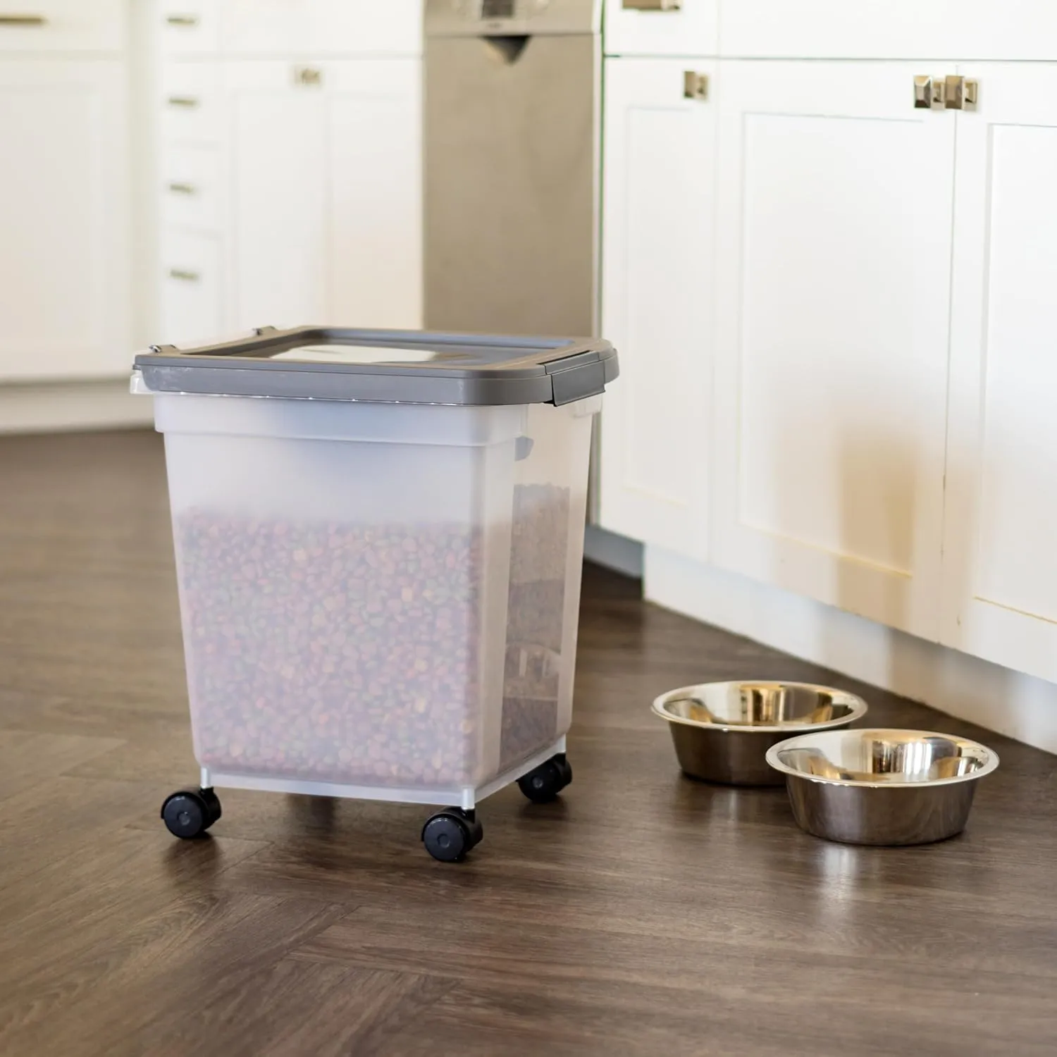 IRIS USA Airtight Dog Food Storage Container 25 lbs, Removable Wheels, for Dog Cat Bird and Other Pets, Food Storage Bin, Keep Fresh, Made in USA, Clear/Dark Gray