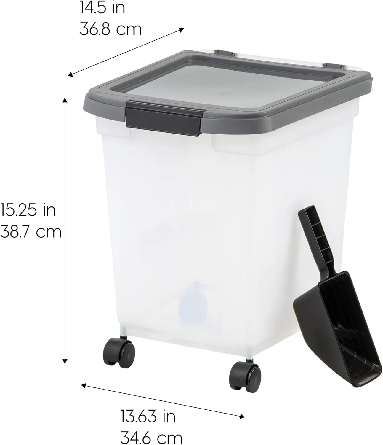 IRIS USA Airtight Dog Food Storage Container 25 lbs, Removable Wheels, for Dog Cat Bird and Other Pets, Food Storage Bin, Keep Fresh, Made in USA, Clear/Dark Gray