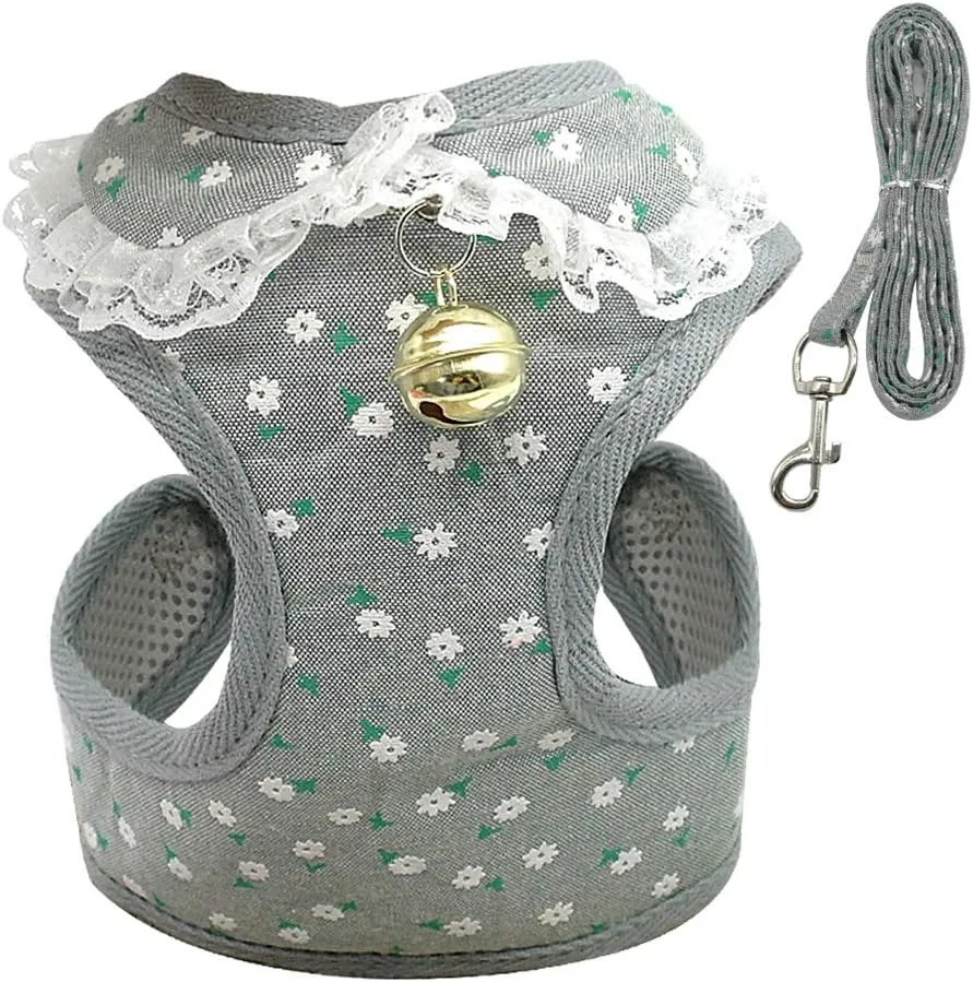 Lace Dog Harness and Leash Set Soft Mesh Pet Puppy Cat Vest Lead for Small Medium Dogs Cats Chihuahua Yorkies Pink S-XL Gray XL