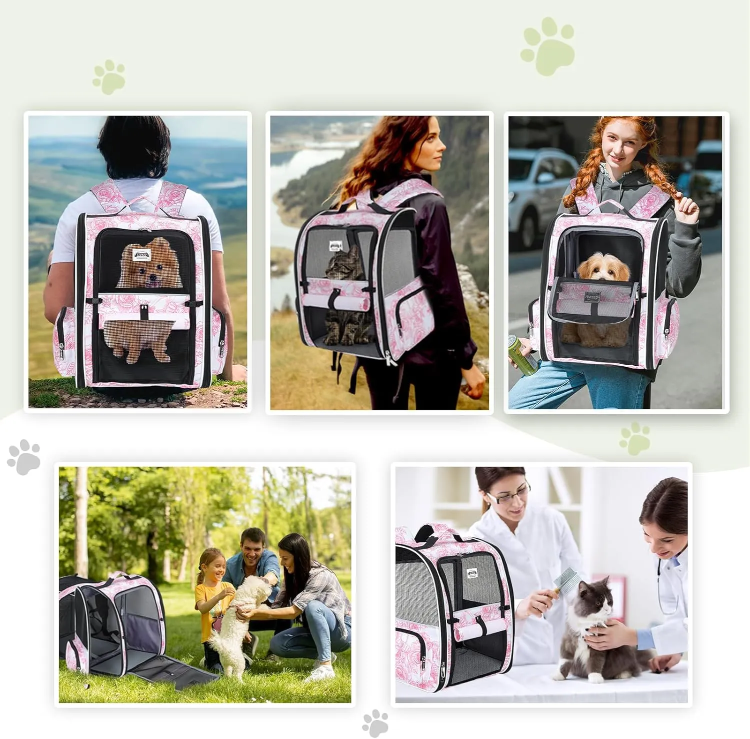 Lekebobor Large Cat Backpack Carrier Expandable Pet Carrier Backpack for Small Dogs Medium Cats Fit Up to 18 Lbs,Dogs Foldable Puppy Backpack Carrier for Travel, Hiking,Pink Flowers Pattern