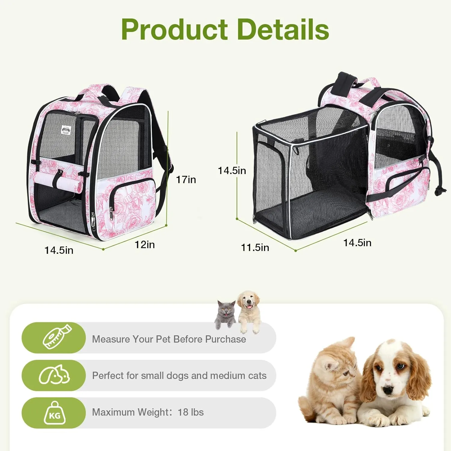 Lekebobor Large Cat Backpack Carrier Expandable Pet Carrier Backpack for Small Dogs Medium Cats Fit Up to 18 Lbs,Dogs Foldable Puppy Backpack Carrier for Travel, Hiking,Pink Flowers Pattern