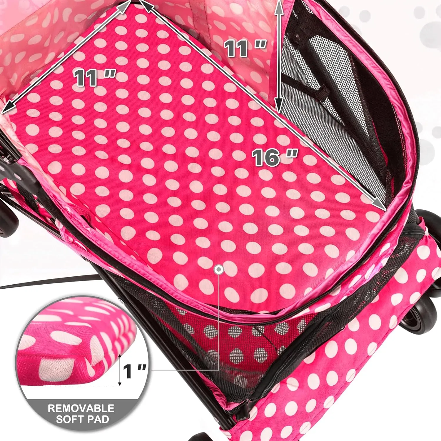 MoNiBloom 4 Wheels Pet Stroller, Easy-Fold Umbrella Shaped Dog Cat Jogger Stroller w/Storage Bag & Visible Mesh for Small/Medium Dogs Cats Hot Pink Polka Dots