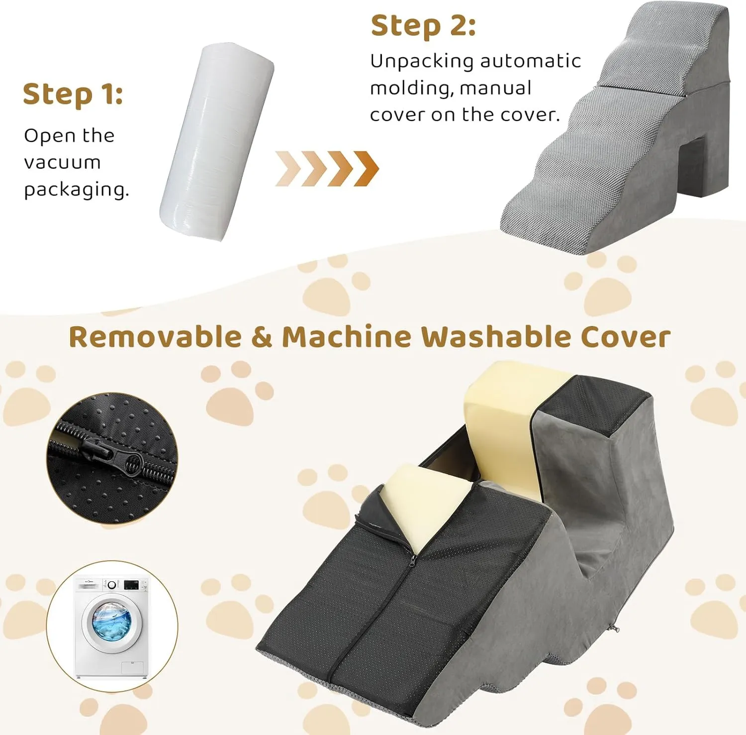 Outvita Dog Stairs, 5-Step Dog Steps for High Bed, Pet Steps for Small Dogs and Cats, Non-Slip Balanced Pet Ramp Indoor, Grey