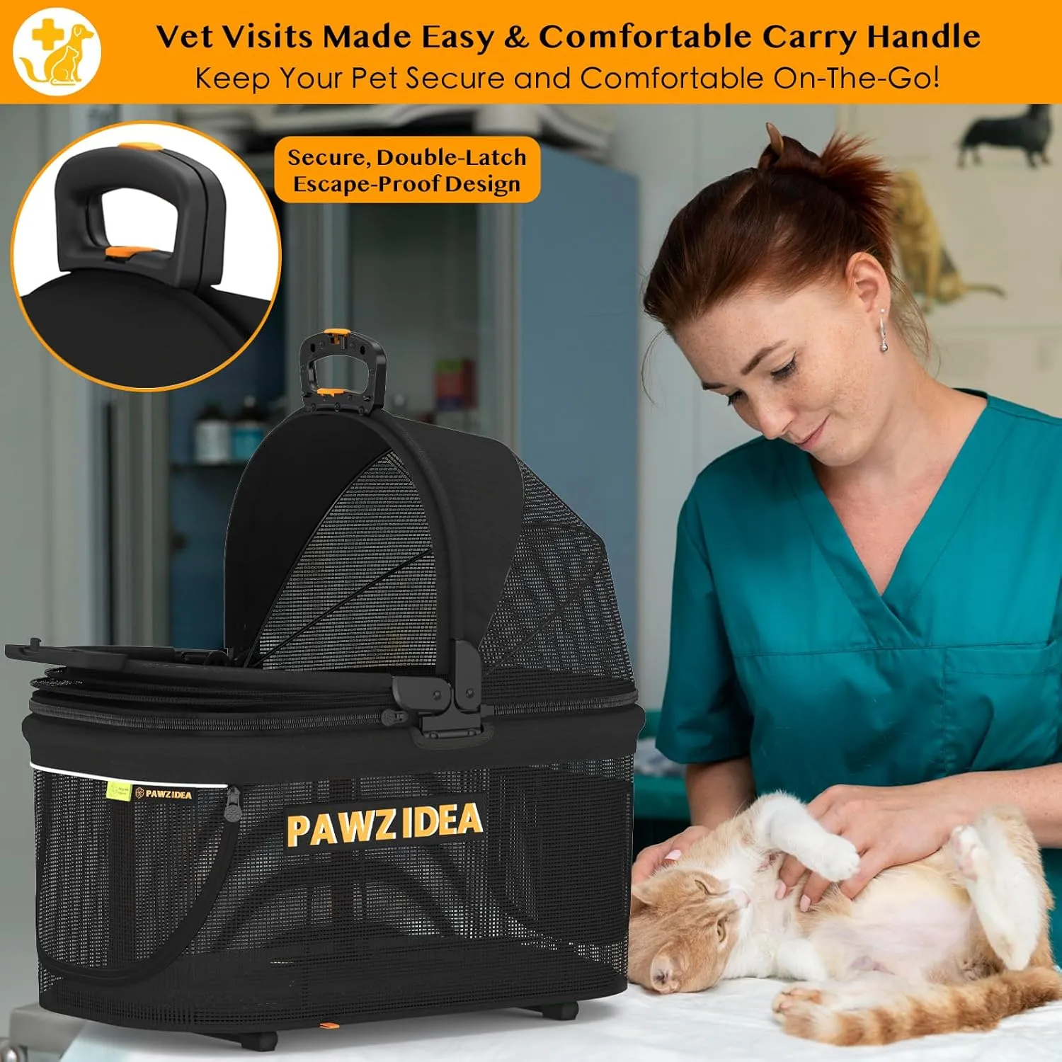 PAWZIDEA Portable Small Dog Crate for Car Travel, Enclosed Pet Car Seats for Small/Medium Dogs & Cats, Reversible No-Zip Canopy, Soft-Sided Pet Carrier Cage, Collapsible Travel Dog Kennel, Chew-Proof