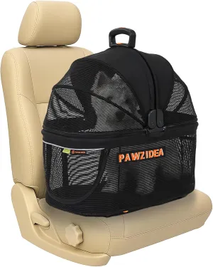 PAWZIDEA Portable Small Dog Crate for Car Travel, Enclosed Pet Car Seats for Small/Medium Dogs & Cats, Reversible No-Zip Canopy, Soft-Sided Pet Carrier Cage, Collapsible Travel Dog Kennel, Chew-Proof